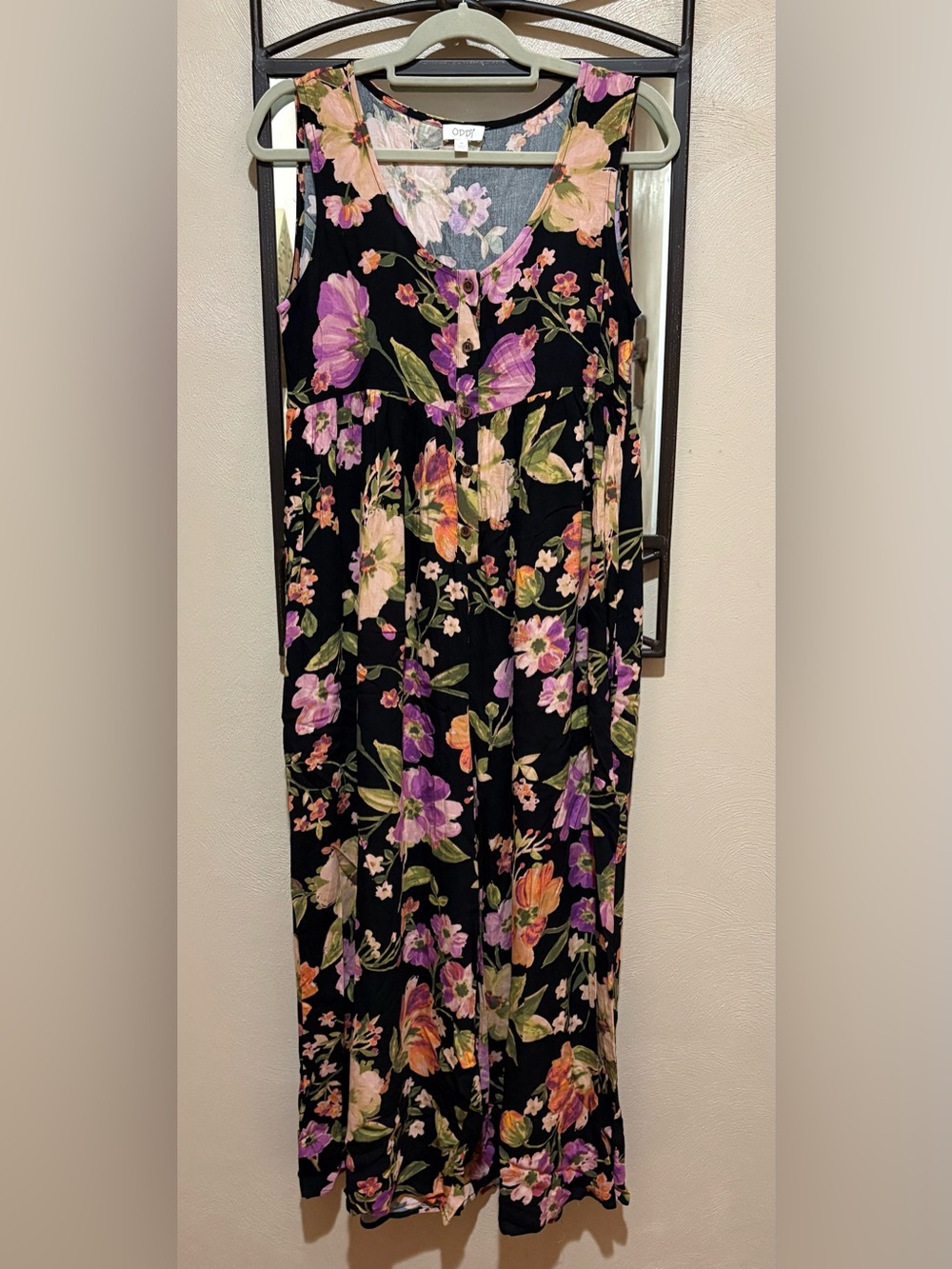 ODDY Black Floral Sleeveless Jumpsuit with Purple & Pink Blooms Size M